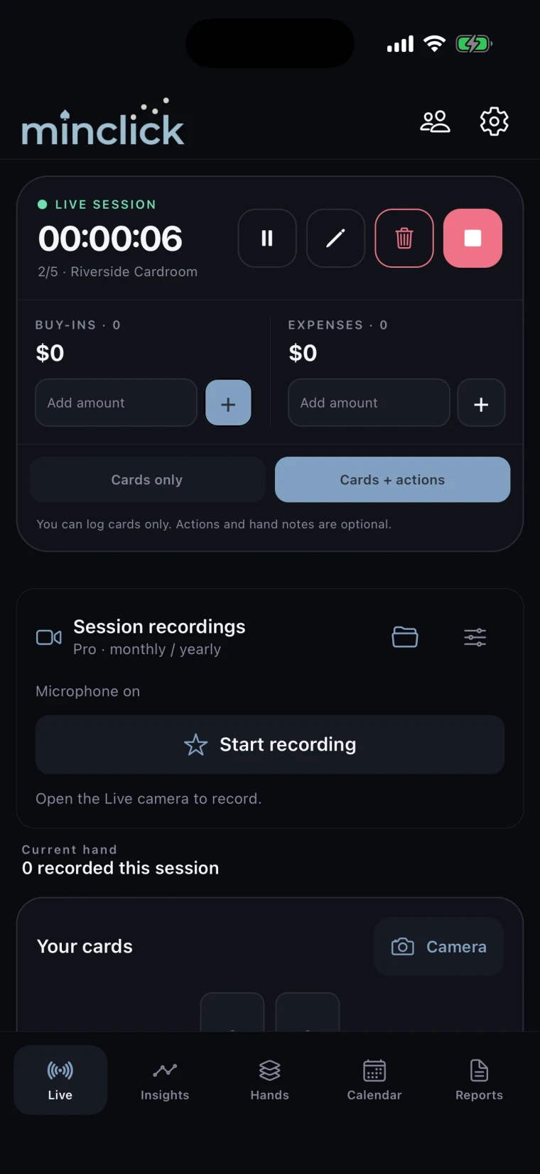 minclick Live screen recognizing two hole cards